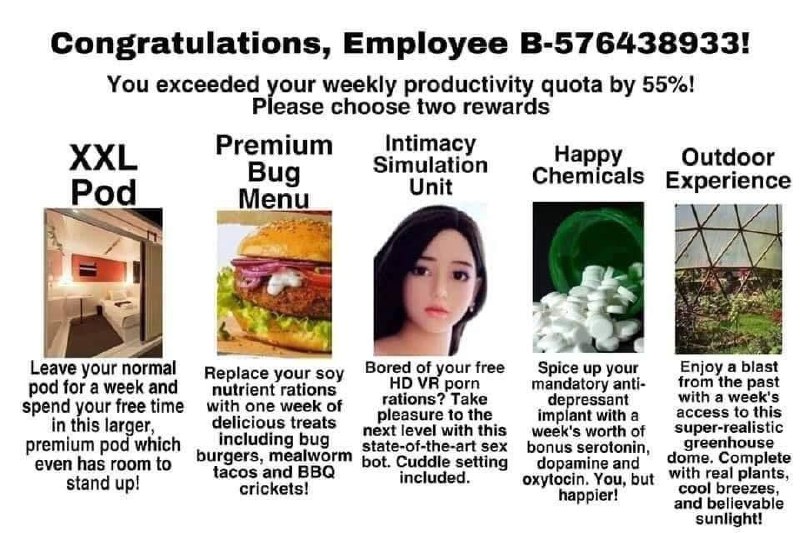 Congratulations, Employee B-576438933! Choose two rewards Мем "Congratulations, Employee B-576438933!" где сотруднику предлагают выбрать "награды" за перевыполнение плана