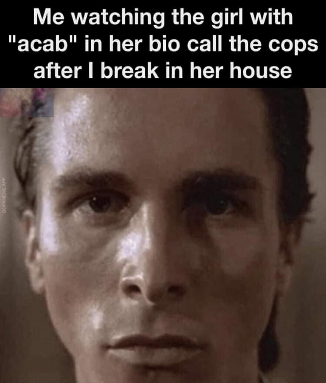 Me watching the girl with "acab" in her bio Кристиан Бэйл в образе Патрика Бейтмана из «Американского психопата» смотрит прямо на зрителя. Он изображает реакцию на лицемерие человека, который призывает на помощь полицию, хотя ранее выражал презрение к ней.