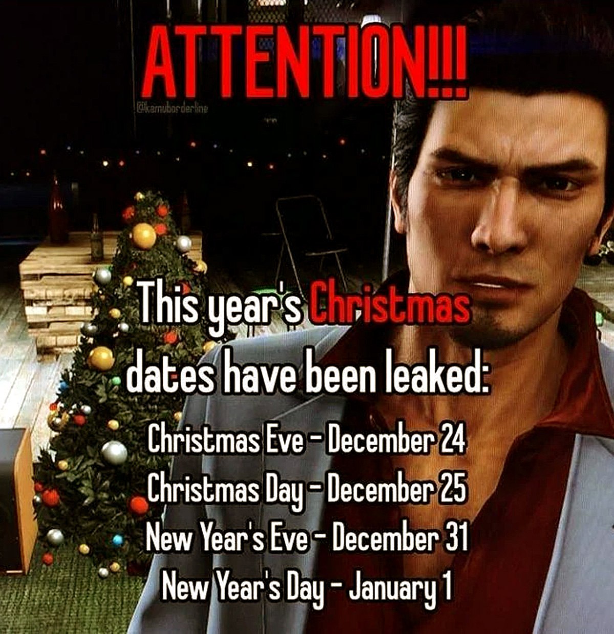 Christmas dates have been leaked Персонаж из игры Yakuza, Кирю Кадзума, сообщает о «слитых» датах Рождества и Нового года.