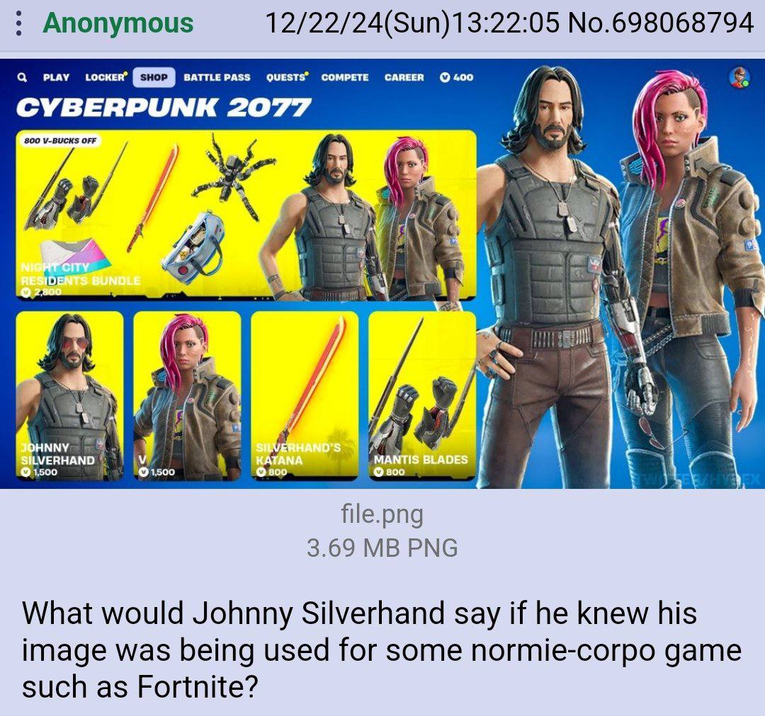 Что бы сказал Джонни Сильверхенд о Fortnite Джонни Сильверхенд и другие персонажи из Cyberpunk 2077 в магазине игры Fortnite, с вопросом о том, что сказал бы Джонни об этом.