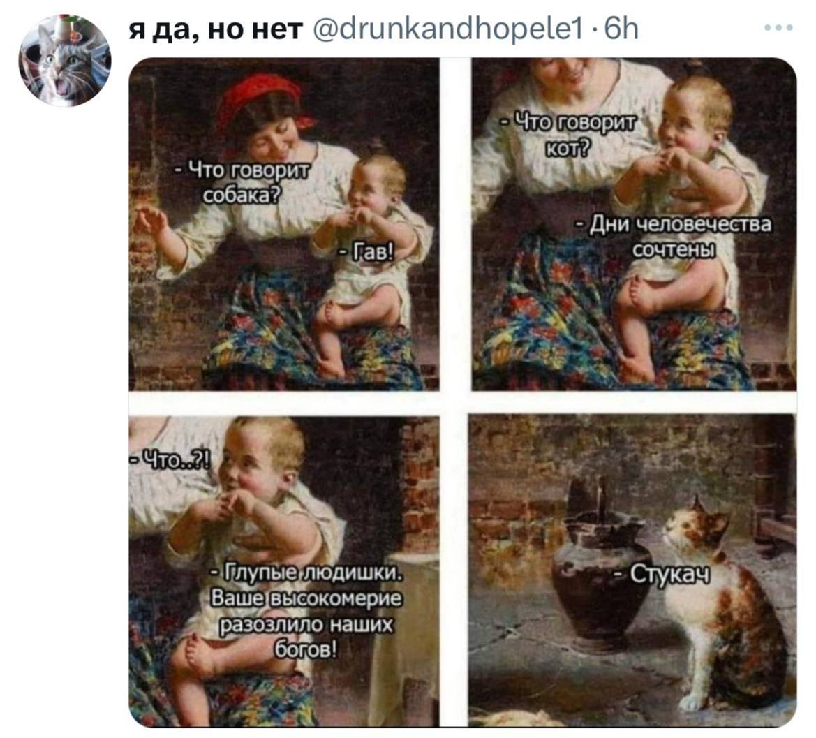 Что говорит кот? Мем про ребенка, который спрашивает, что говорят животные, а потом пророчит конец света, и про кота-доносчика