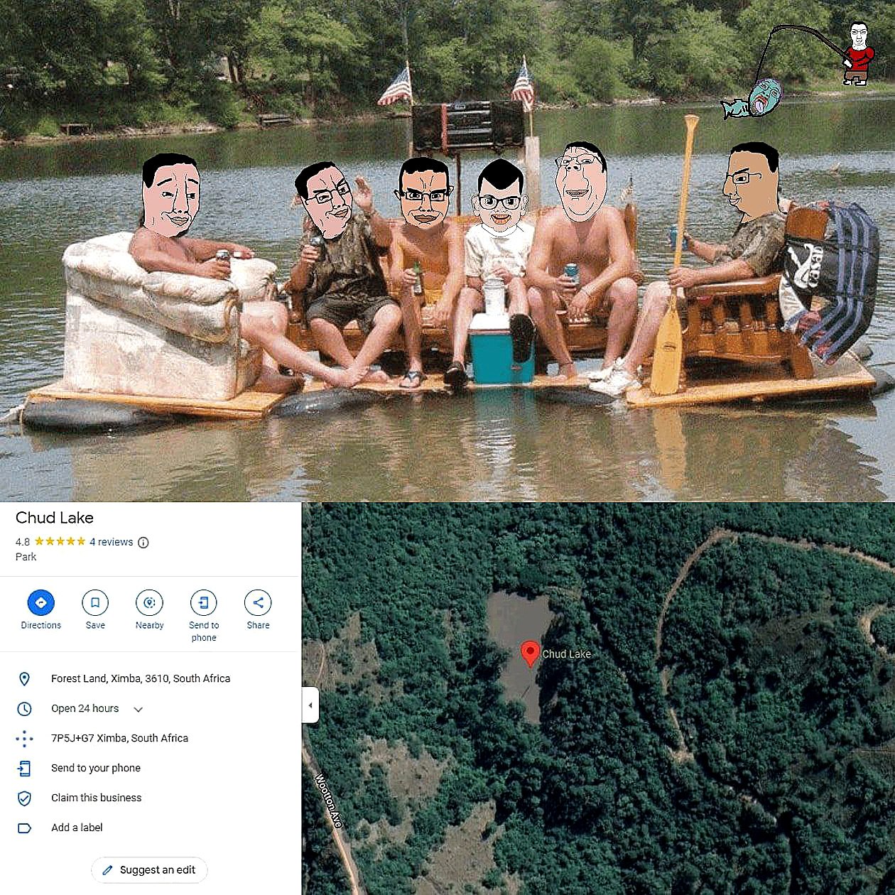 Chud Lake Мужчины на плоту в озере Чуд Лейк на фоне скриншота Google Maps.