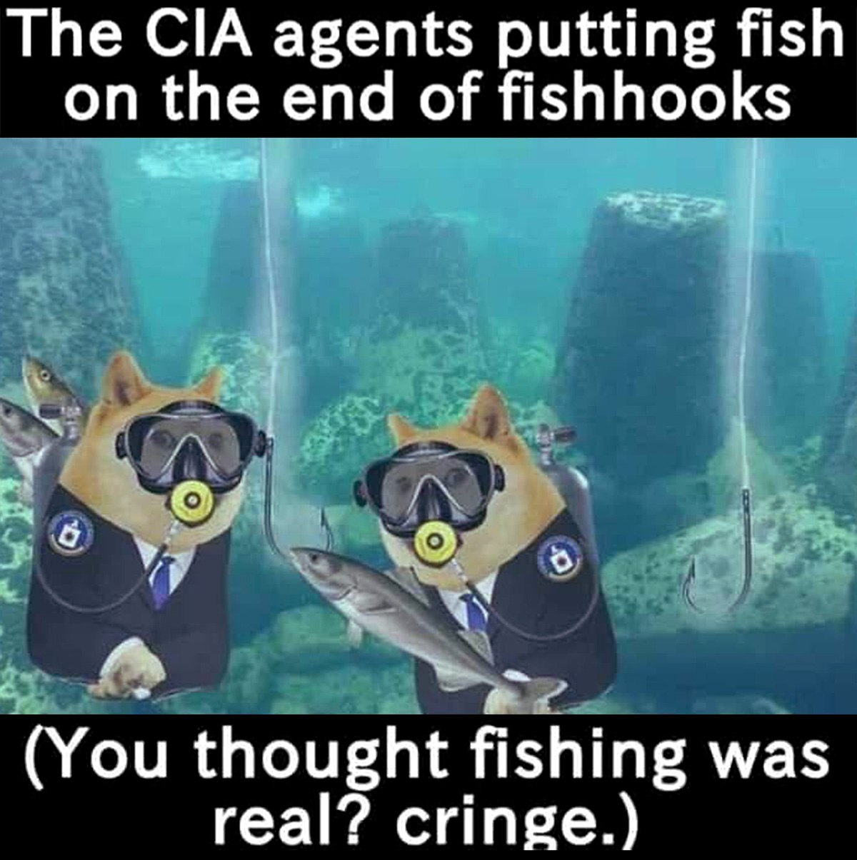 CIA agents putting fish on the end of fishhooks Мем про агентов ЦРУ, которые насаживают рыбу на рыболовные крючки, а неловкий подтекст гласит: «Вы думали, что рыбалка была настоящей? Кринж.»