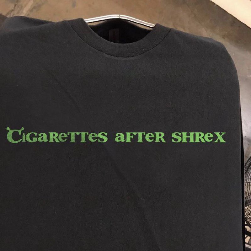Футболка Cigarettes After Shrek Чёрная футболка с зелёной надписью «Cigarettes After Shrek»