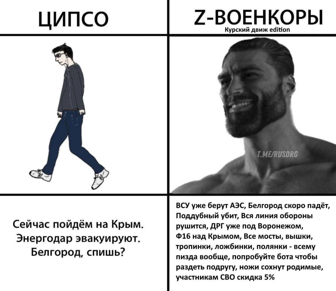 Мем, сравнивающий информационные сообщения ЦИПСО и Z-военкоров, где ЦИПСО говорит "Сейчас пойдём на Крым. Энергодар эвакуируют. Белгород, спишь?", а Z-военкоры распространяют панические слухи.