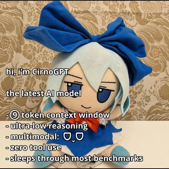 Игрушка Cirno в образе CirnoGPT с шуточным списком «характеристик» ИИ-модели: 9 token context window, ultra-low reasoning, multimodal, zero tool use и sleeps through most benchmarks.