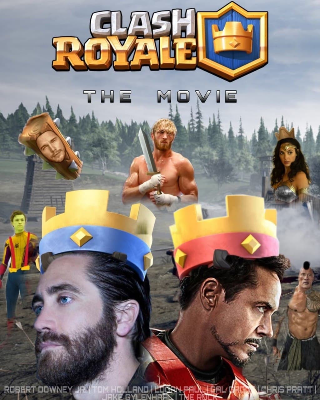 Clash Royale фильм со знаменитостями Постер к фильму Clash Royale: The Movie, где роли королей и других персонажей играют известные актеры и знаменитости, такие как Роберт Дауни-младший, Джейк Джилленхол, Том Холланд, Логан Пол, Галь Гадот, Крис Пратт и Дуэйн "Скала" Джонсон.
