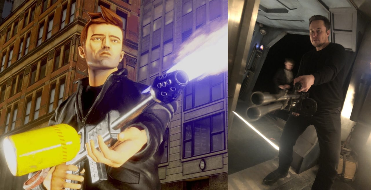Клод Спид и Илон Маск с оружием Клод Спид из GTA III и Илон Маск с необычным оружием