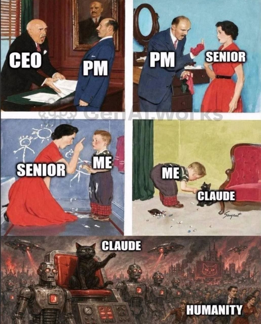CEO, PM, Senior и я по очереди отчитывают друг друга, но в итоге кот Claude захватывает человечество и становится повелителем роботов