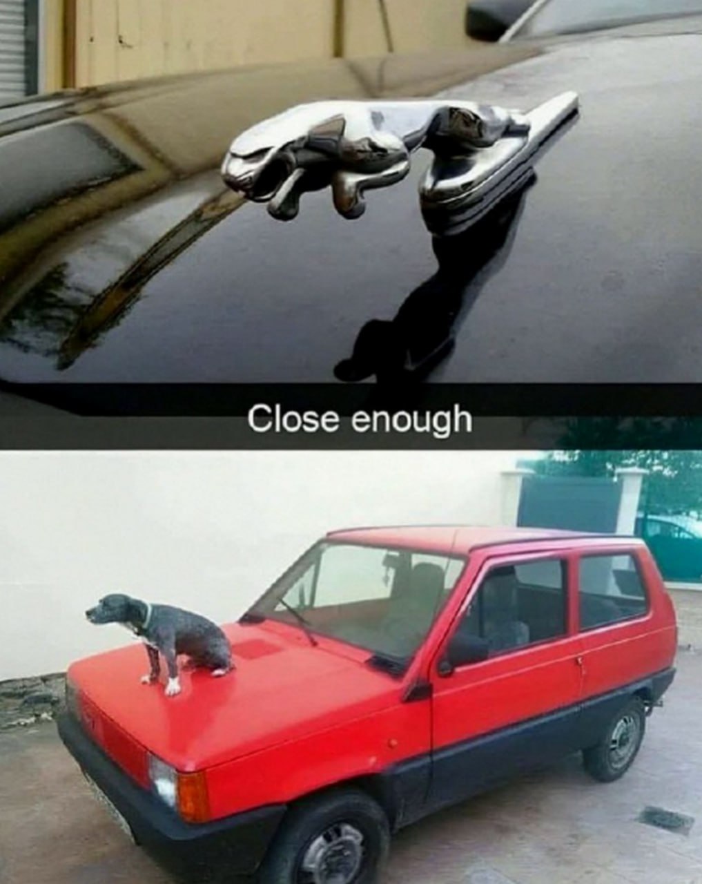 Close enough. Собака на капоте Хромированный ягуар на капоте и собака на капоте машины "почти то же самое".
