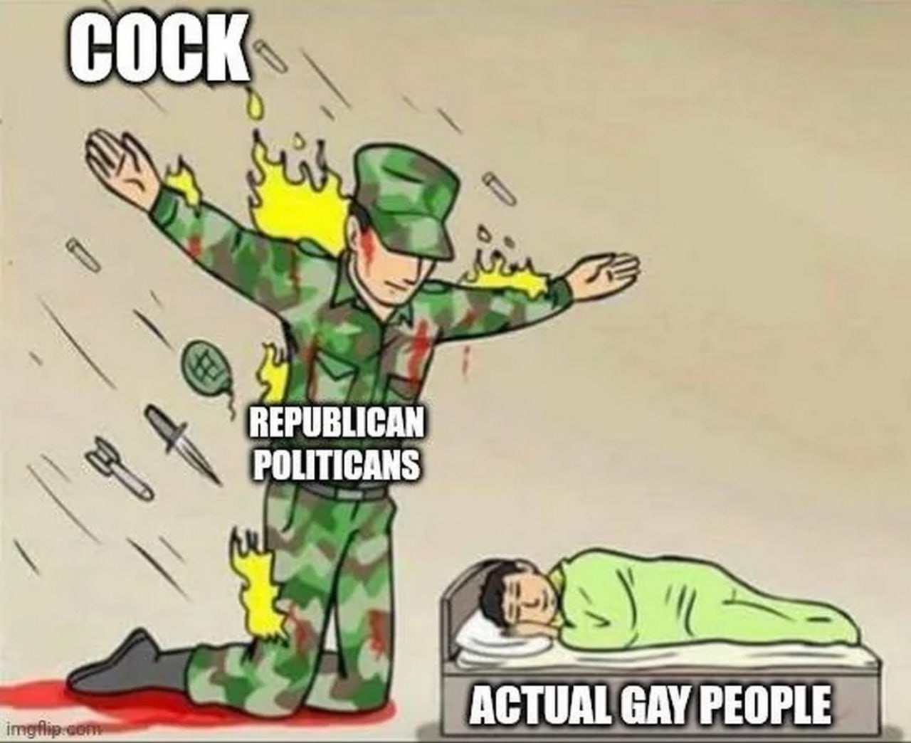 COCK REPUBLICAN POLITICIANS Мем с солдатом, который горит и защищает спящего человека, подписывается как «COCK REPUBLICAN POLITICIANS» и «ACTUAL GAY PEOPLE».