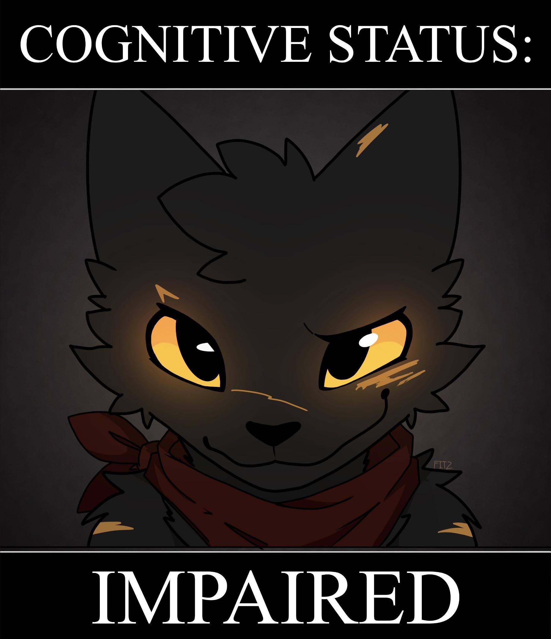 Мрачный мультяшный волк с жёлтыми глазами и надписью «Cognitive Status: Impaired» — «Когнитивный статус: нарушен».