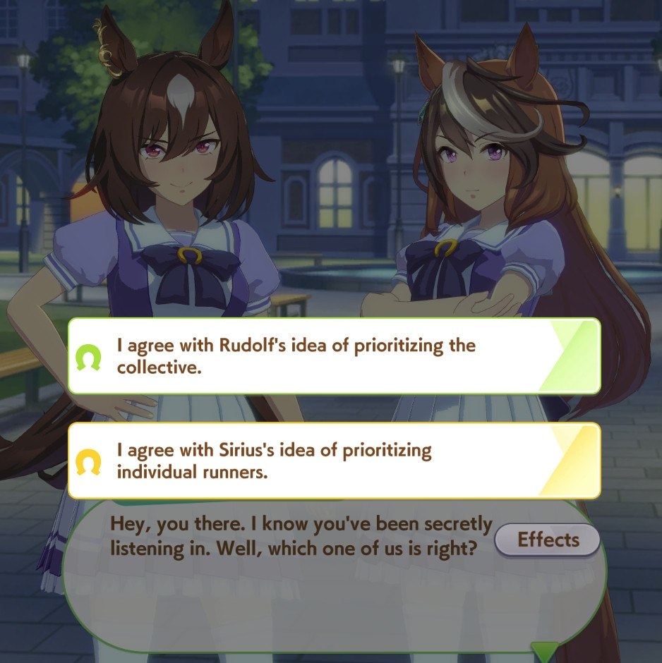 Две героини Uma Musume предлагают выбрать между приоритетом коллектива и поддержкой индивидуальных бегуний.