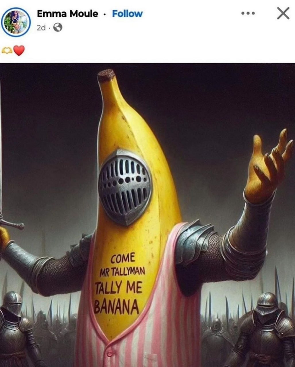 Come Mr Tallyman tally me banana Банан-рыцарь в доспехах и пижаме с надписью Come Mr Tallyman tally me banana