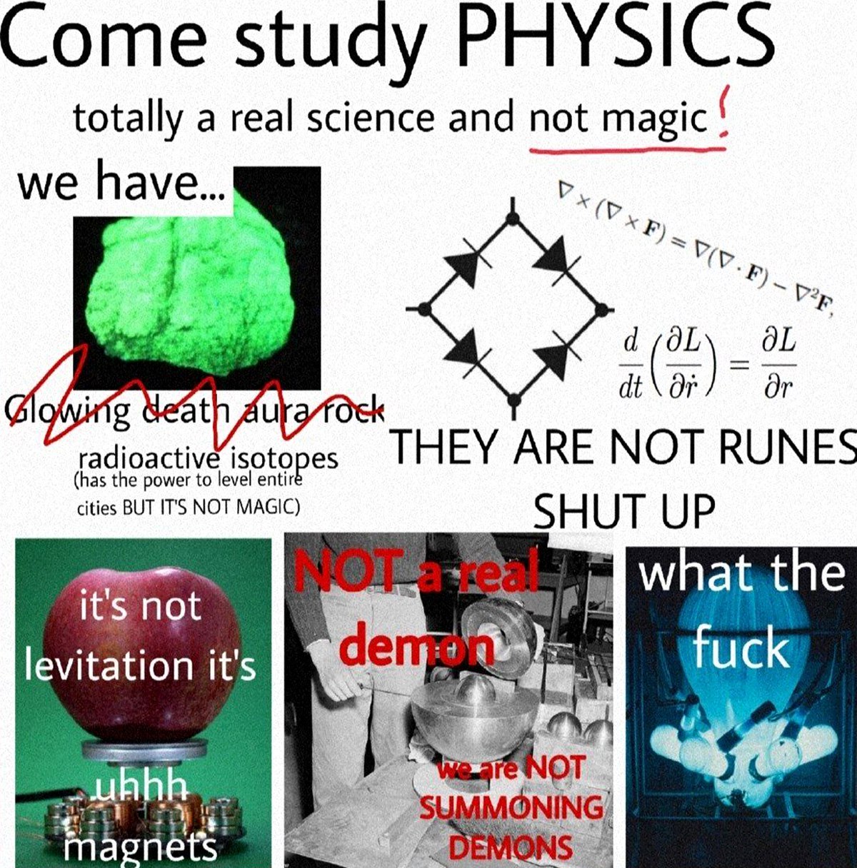 Come study PHYSICS Мем о физике, которая «не магия», с подписями про светящиеся камни, левитацию и призыв демонов