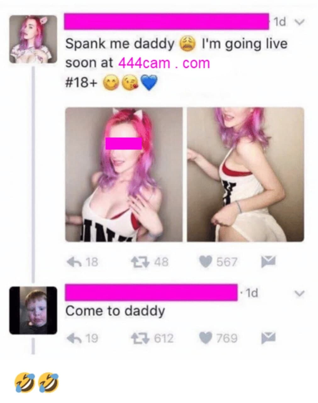 Come to daddy Мем "Come to daddy" с постом от девушки и комментарием от ребенка