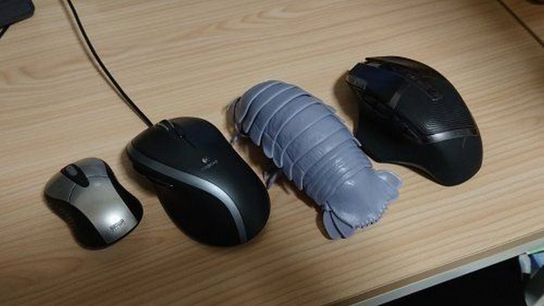 Компьютерные мыши и гигантский изопод Компьютерные мыши и гигантский изопод на столе