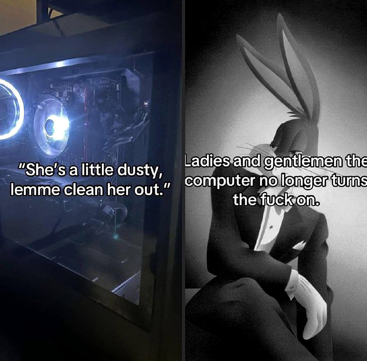Ladies and gentlemen the computer no longer turns the fuck on Мем про сломанный после чистки компьютер с Багзом Банни.