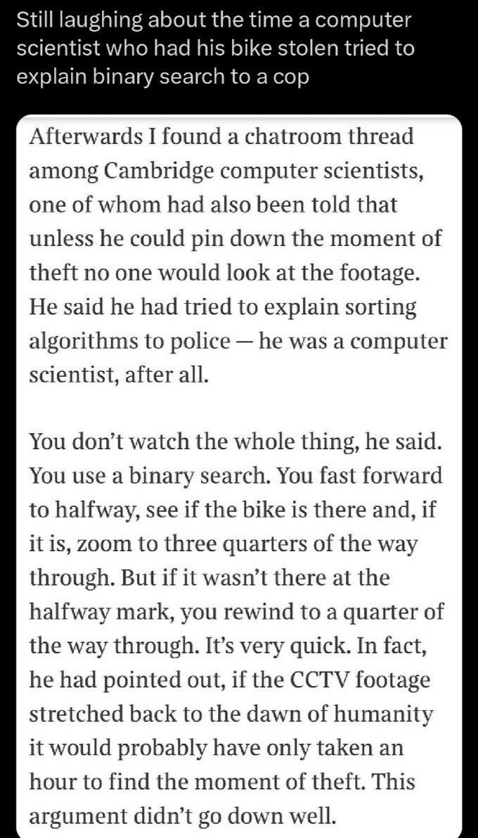 Computer scientist tried to explain binary search to a cop Мем про компьютерного ученого, который объясняет бинарный поиск полицейскому после кражи велосипеда.