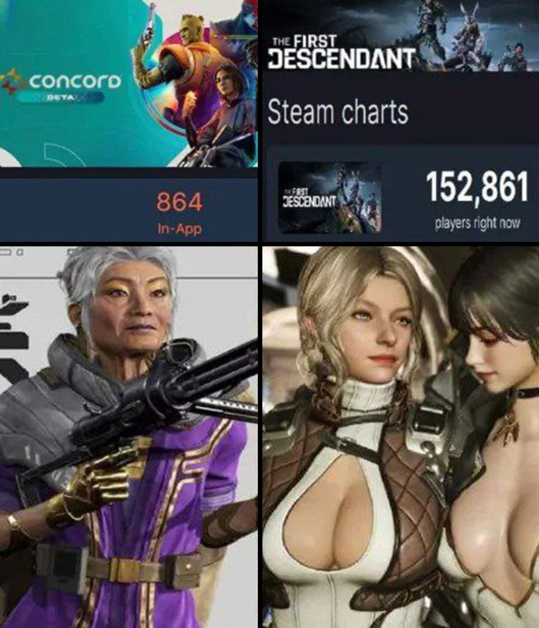 Concord 864 The First Descendant 152861 Сравнение количества игроков в Concord и The First Descendant по Steam charts, а также внешнего вида персонажей в играх