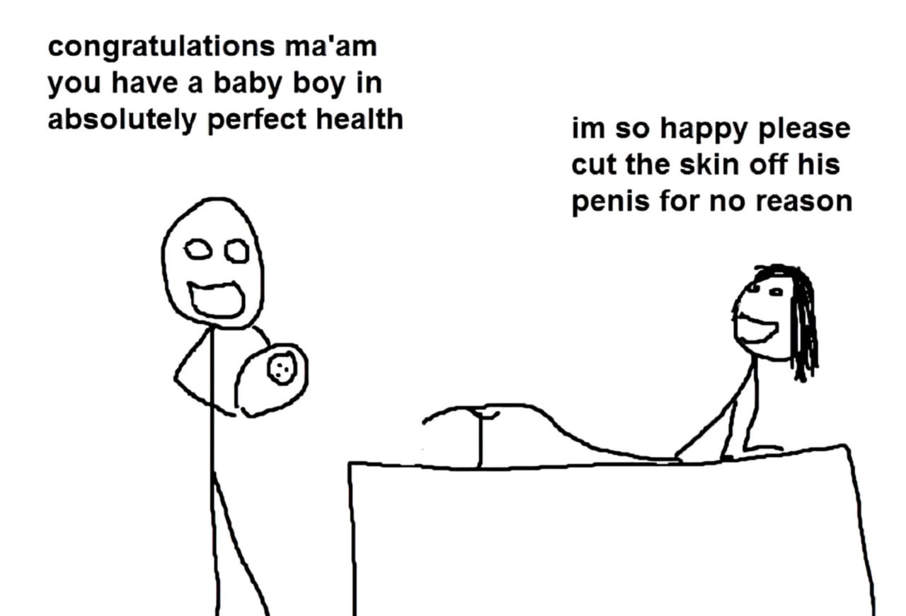 Congratulations ma'am you have a baby boy in absolutely perfect health Мем про новорожденного мальчика в абсолютно идеальном состоянии здоровья и просьбу матери обрезать ему кожу с пениса без всякой причины.