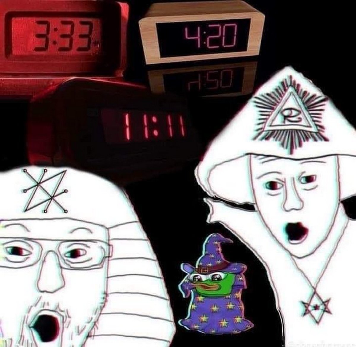 Конспирологи удивляются времени 4:20, 3:33, 11:11 Конспирологи и Пепе-волшебник удивляются времени 4:20, 3:33 и 11:11