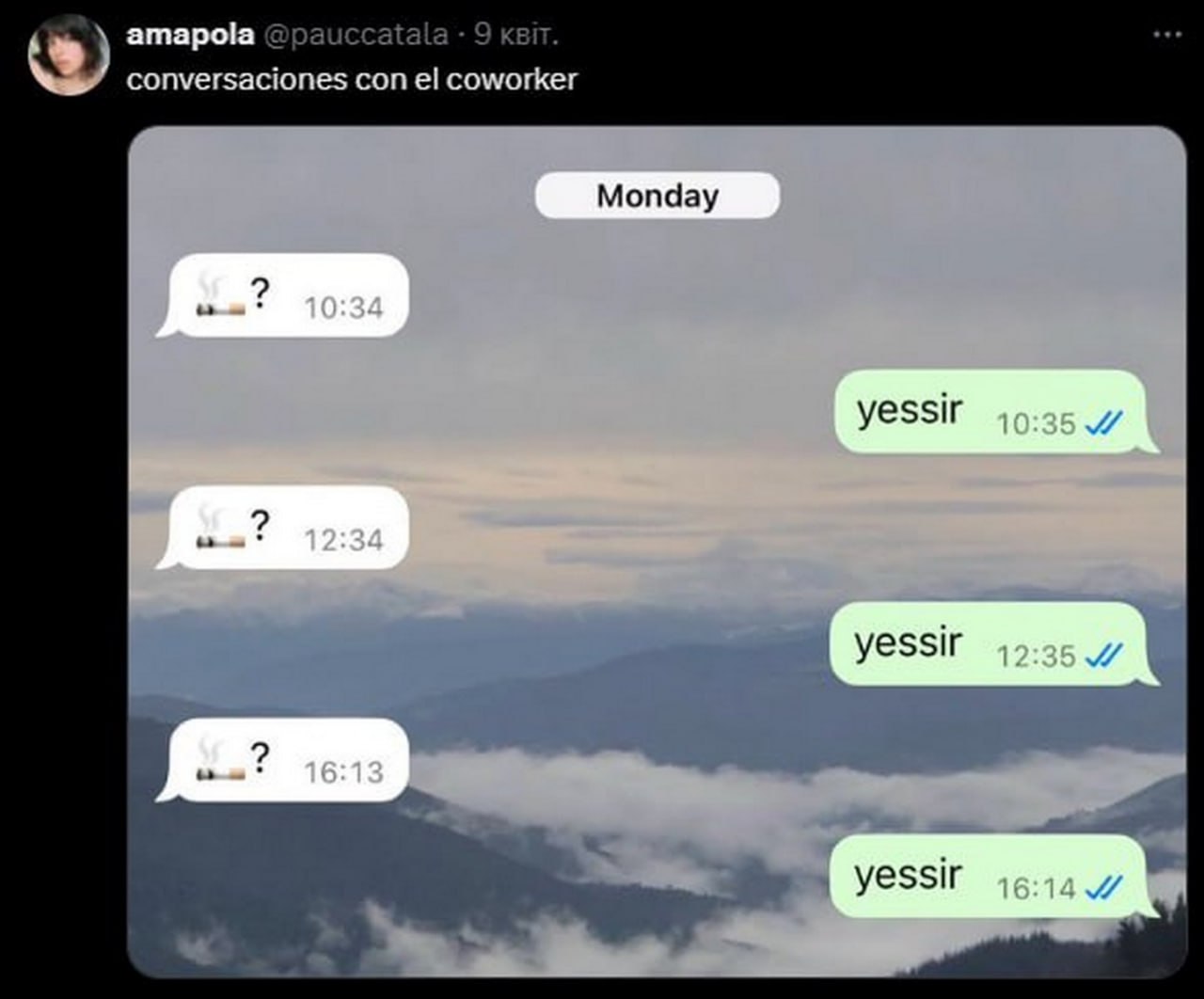 Conversaciones con el coworker Переписка с коллегой по работе, где он спрашивает "куришь?", а другой отвечает "yessir"