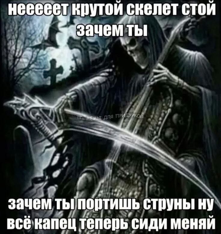 Мрачный скелет играет на струнном инструменте, а герой в панике просит его остановиться и заменить испорченные струны.