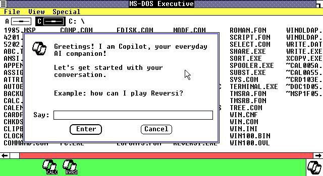 Copilot в MS-DOS Executive Мем с изображением диалогового окна Microsoft Copilot в стиле операционной системы MS-DOS Executive (Windows 1.0).