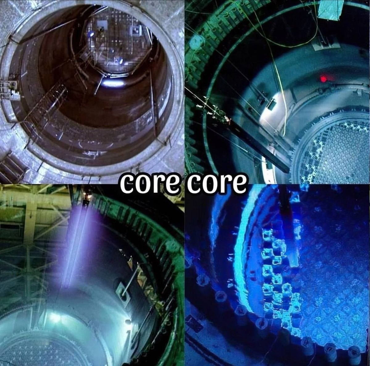 Коллаж из четырёх кадров с видом внутрь огромного реактора и надписью «core core»