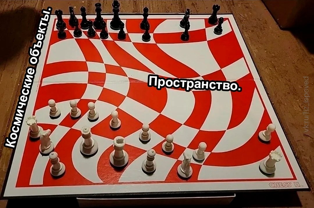 Шахматная доска с искривлёнными клетками и фигурами, словно попавшими в космическое пространство.