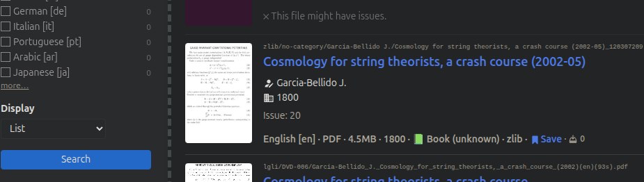 Скриншот поиска книги «Cosmology for string theorists, a crash course» со странными данными каталога