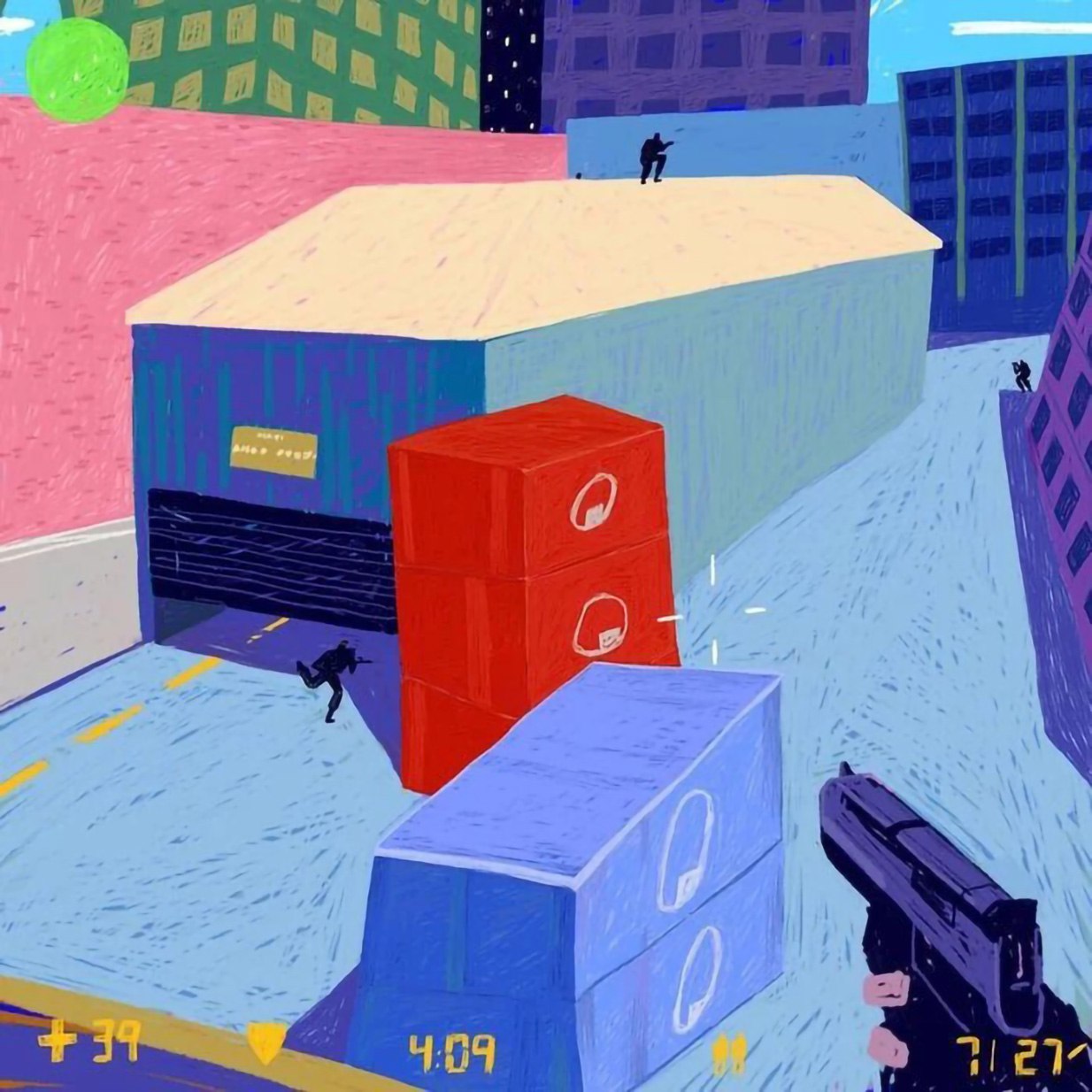 Контр-страйк в стиле наивного искусства Мем с рисунком игры в Counter-Strike, выполненным в стиле наивного искусства или детского рисунка. Изображение имитирует геймплей от первого лица, где игрок держит пистолет, а на экране видны элементы интерфейса, такие как счетчик здоровья, время и количество патронов. На карте изображены здания, ящики и силуэты других игроков.