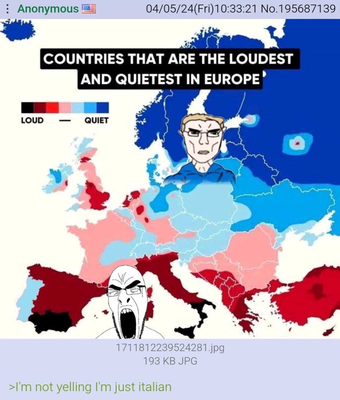 Самые громкие и тихие страны Европы Мем с картой Европы, на которой показаны самые громкие и тихие страны, с изображением кричащего итальянца.