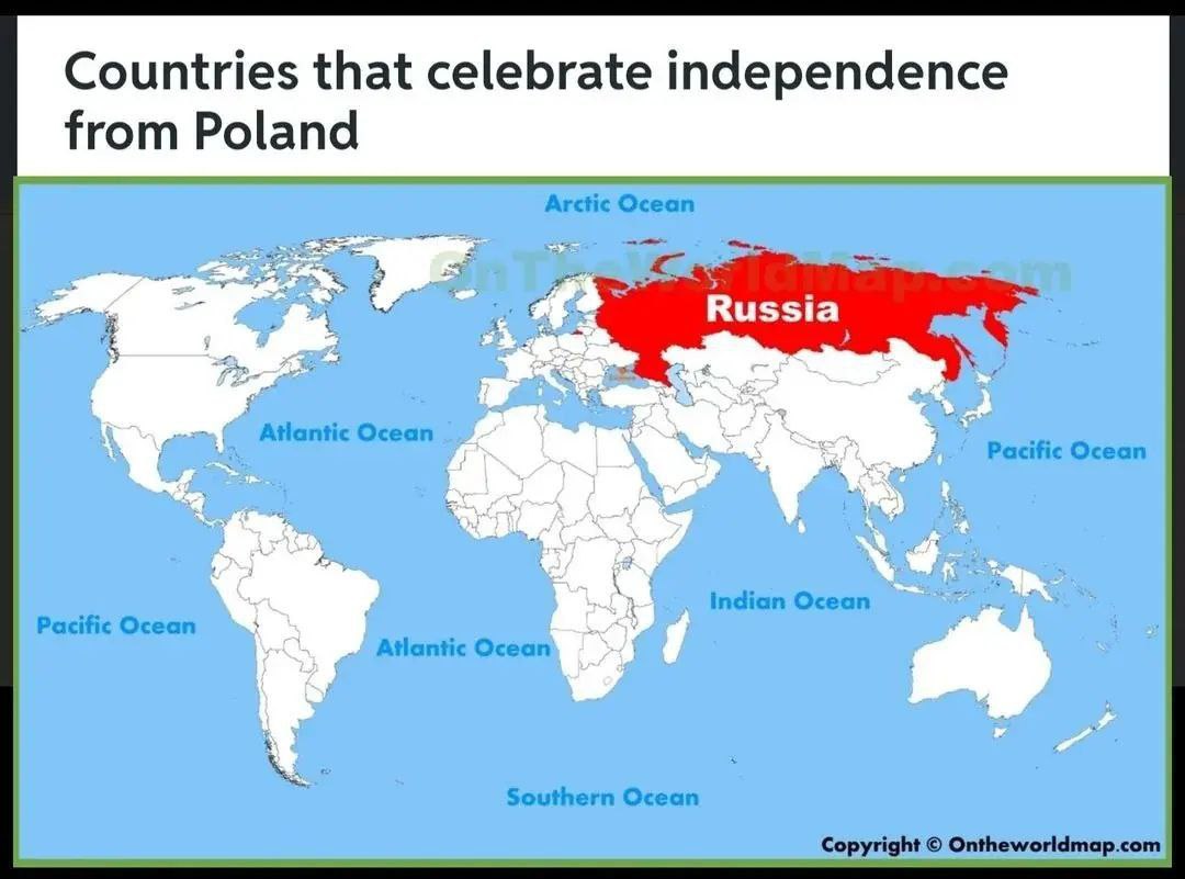 Карта мира, на которой Россия выделена как страна, празднующая независимость от Польши