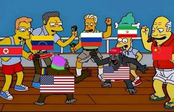 Страны наблюдают за дракой двух обезьян США Разные страны наблюдают за дракой двух обезьян, олицетворяющих США, в стиле «Симпсонов»