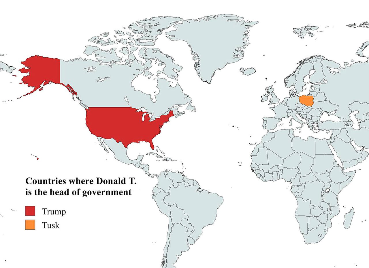 Countries where Donald T. is the head of government Карта мира, показывающая страны, где главой правительства является Дональд Трамп или Дональд Туск.