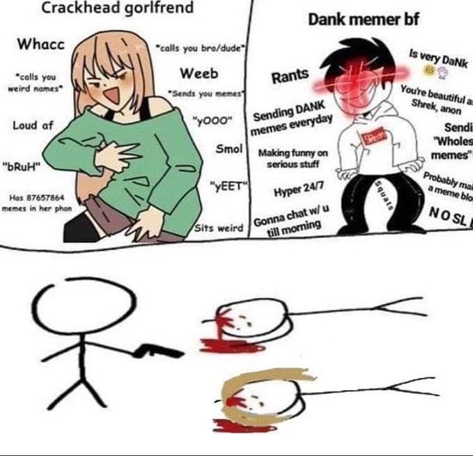 Crackhead gorlfrend vs Dank memer bf Сравнение девушки-наркоманки и парня-мемера, а также стикмен, стреляющий в других стикменов