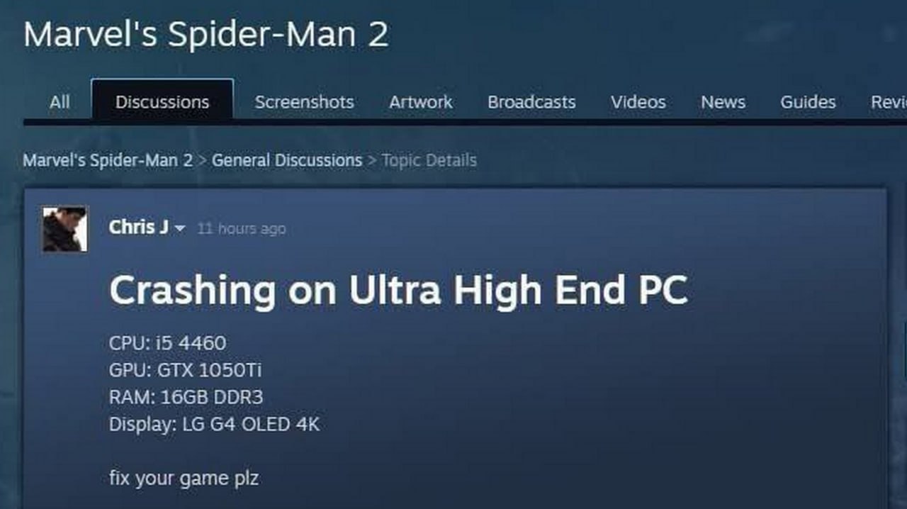 Crashing on Ultra High End PC Мем, где пользователь Steam жалуется на вылеты игры Marvel's Spider-Man 2 на «ультра современном ПК», приводя в качестве характеристик комплектующие среднего уровня прошлых поколений