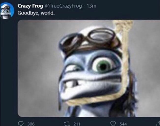 Crazy Frog goodbye world Сумасшедший Лягушонок с петлёй на шее и подписью «Goodbye, world» в Твиттере