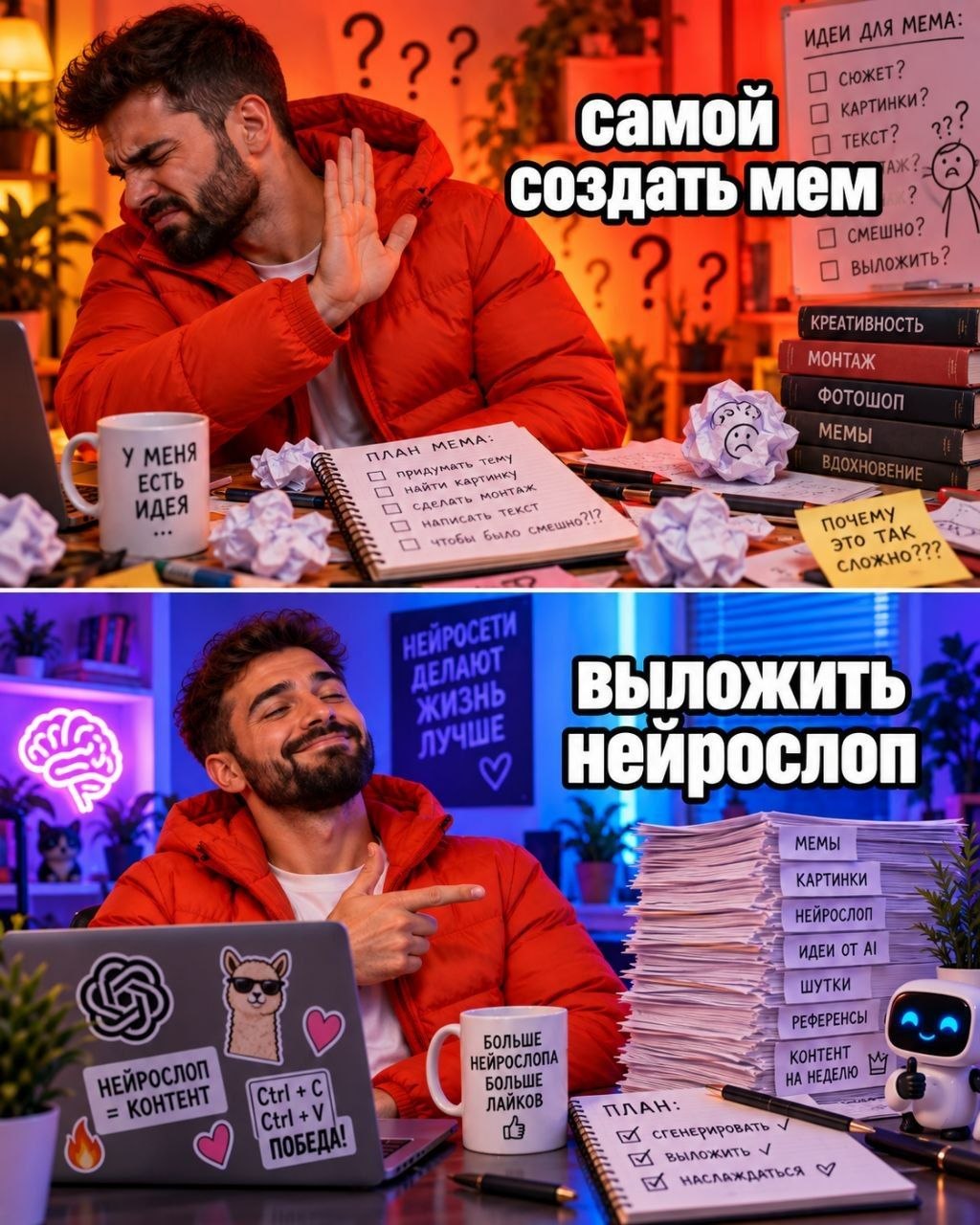 Смешной выбор между самостоятельным созданием мема и публикацией готового нейрослопа от нейросети.
