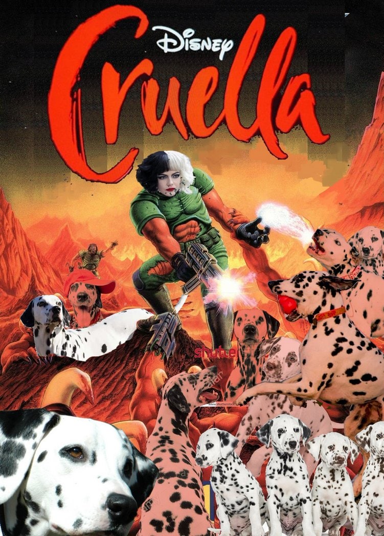 Круэлла в DOOM Круэлла из диснеевского фильма в образе главного героя игры DOOM, который расправляется с далматинцами.