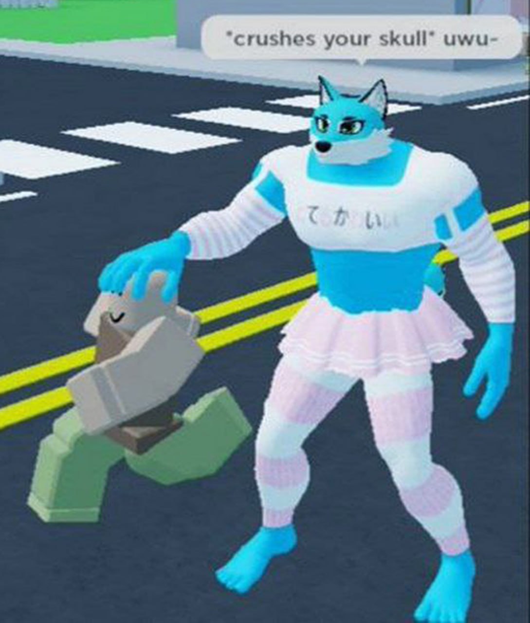 *Crushes your skull* uwu- Синий фурри в розовой юбке и чулках, давящий голову роблокс-персонажа