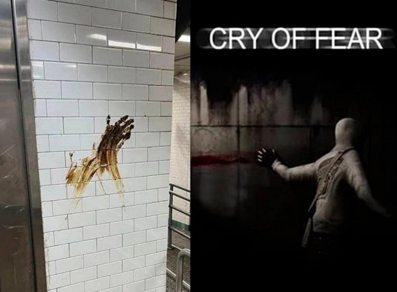 Cry of fear в метро Фотография стены метро с коричневым пятном в форме руки и коллаж с обложкой игры Cry of Fear, где изображен человек, прижимающийся к стене с похожим пятном