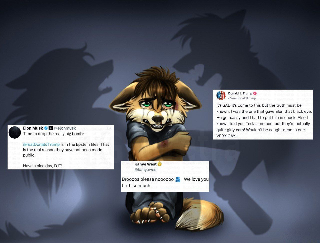 Crying furry and Elon Musk, Donald Trump, Kanye West tweets Расстроенный фурри, держащий себя за плечи, на фоне теней волков с открытыми пастями, а вокруг него переписка Илона Маска, Дональда Трампа и Канье Уэста