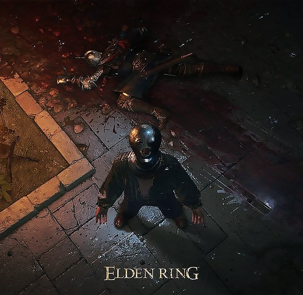 Плачущий Малеус из Elden Ring Малеус из игры Elden Ring стоит на коленях в луже крови, подняв голову к небу, рядом с поверженным противником.