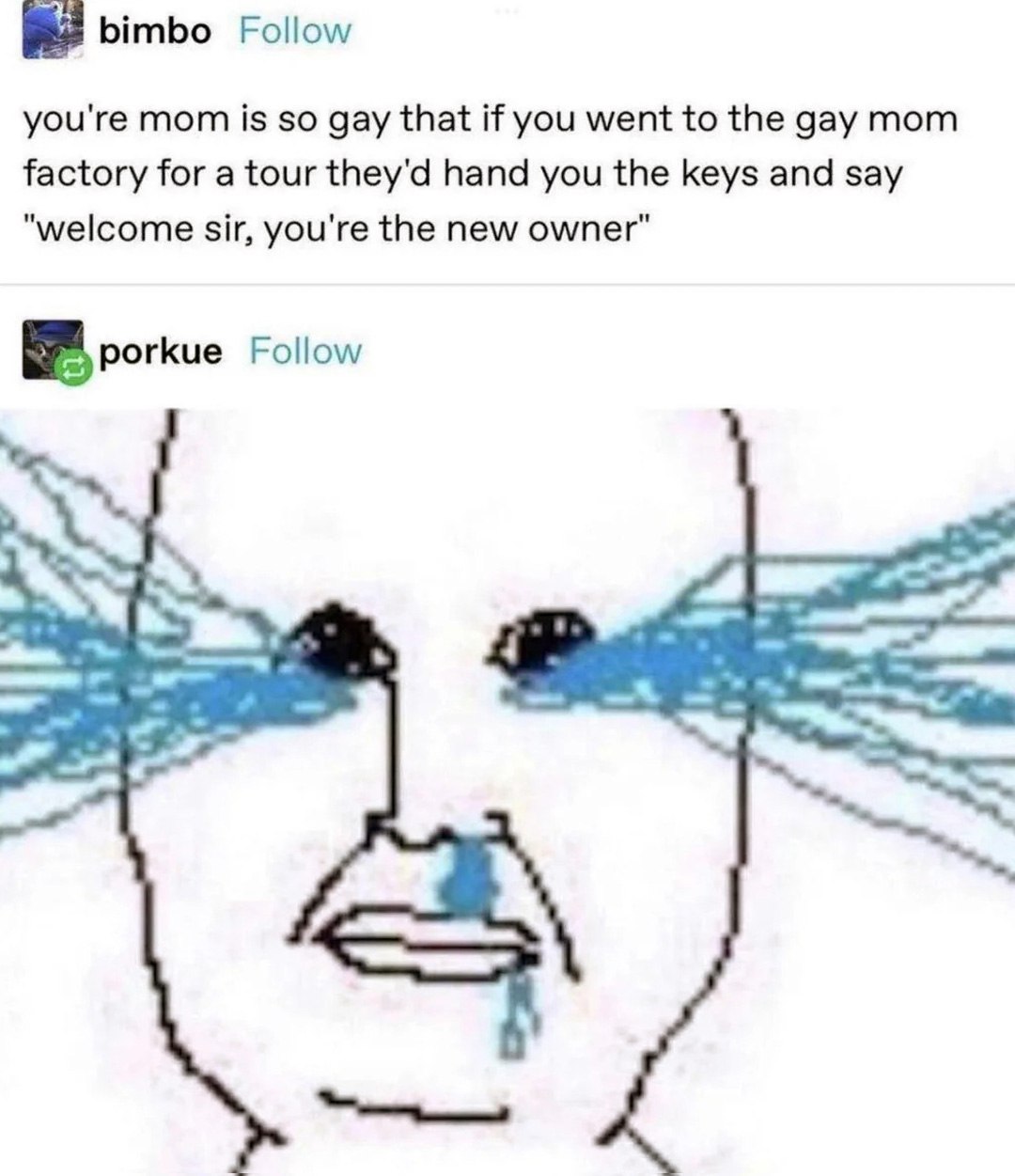 Плачущий пиксельный мужчина и шутка "your mom is so gay" Мем с плачущим пиксельным мужчиной из-за шутки про гея-маму, которому вручают ключи от фабрики гей-мам