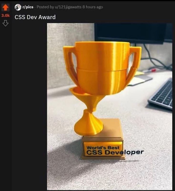 Награда CSS Dev Award Мем с наградой CSS Dev Award, напечатанной на 3D-принтере, которая символизирует сложности верстки в CSS