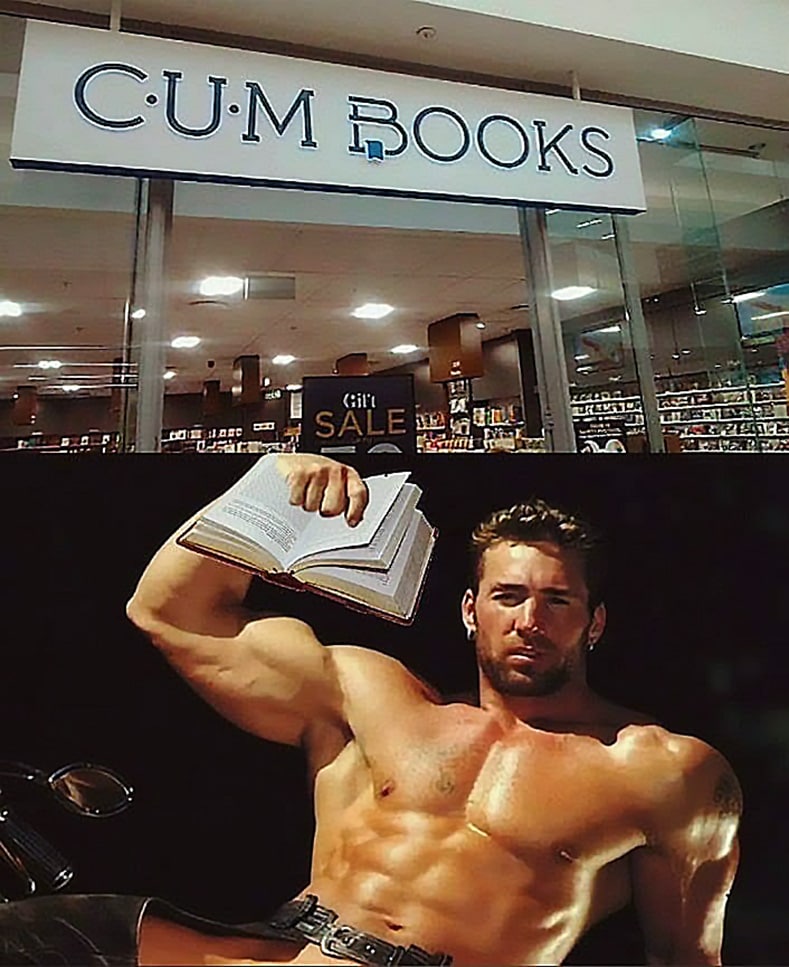 C.u.m books Мем с качком, держащим маленькую книгу, на фоне магазина с вывеской «C.u.m books» и табличкой «Gift Sale».