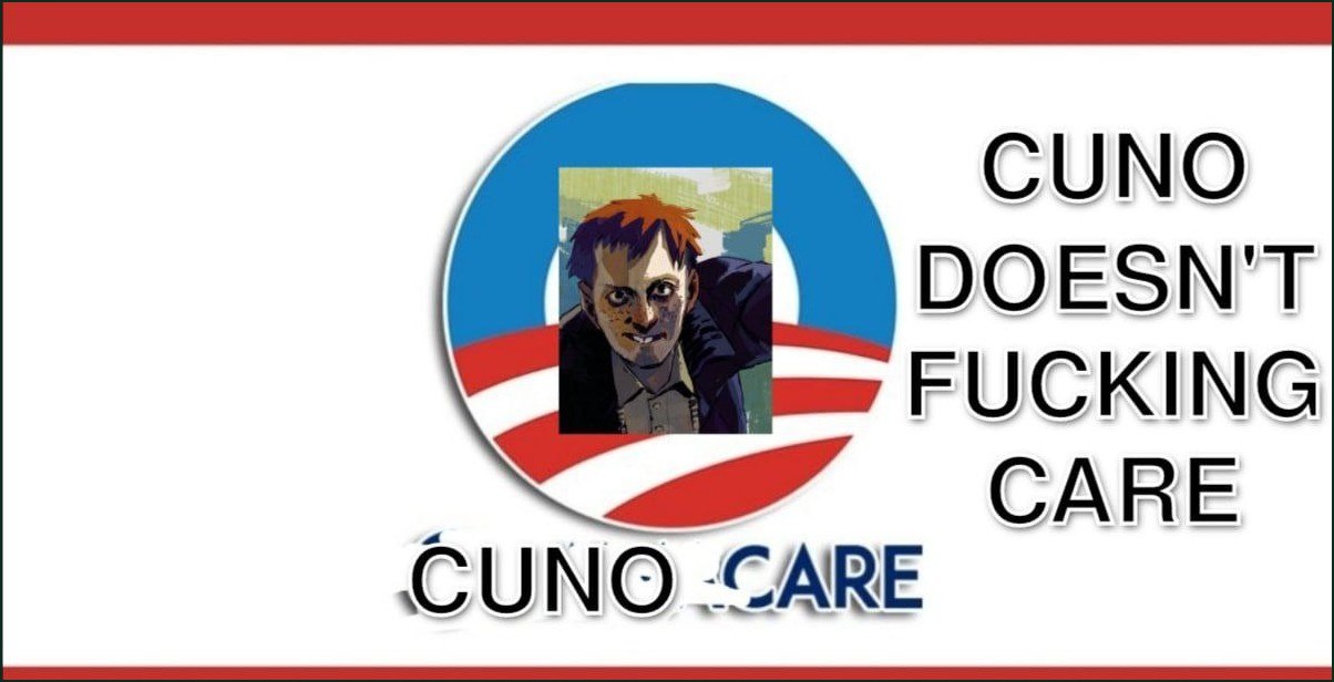 Пародийный логотип с Куно из Disco Elysium и надписью «Cuno doesn't fucking care» в стиле Obama Hope.